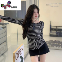 语娄复古条纹撞色拼接长袖T恤女装早秋后背镂空系带打底上衣