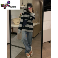 语娄oversize美式复古条纹卫上衣女士初爆设计感小众宽松显瘦套装