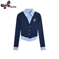 语娄拼接假两件蓝色条纹衬衫长袖学院风上衣初秋半身裙显瘦女套装短裙