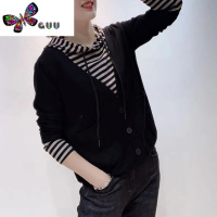 语娄2023冬新款假两件卫衣女士条纹连帽上衣时尚洋气中年妈妈