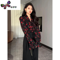 语娄玫瑰花印花长袖衬衫女早秋2023新款设计感小众气质百搭上衣潮