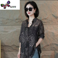 语娄2023新款印花黑色上衣显瘦长袖衬衫女豹纹衬衣复古雪纺衫