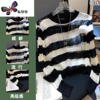 语娄询简伊人定制~小心机镂空毛针织衫女秋季韩版圆领条纹长袖上衣潮