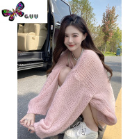 语娄粉色针织衫女2023秋季新款女装慵懒风外穿宽松温柔上衣内搭毛衣早