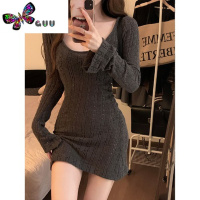 语娄大码纯欲辣妹长袖针织连衣裙女包臀裙子胖mm遮肚显瘦漏肩性感短裙