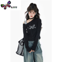 语娄fortylions四十只狮 长袖T恤女黑色露肩设计感早春chic上衣甜辣风