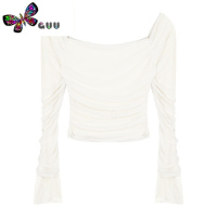 语娄一字肩T恤女夏季纯欲风短款辣妹露肩性感紧身长袖打底衫别致上衣
