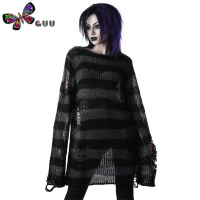 语娄暗黑哥特宽松条纹潮流毛衣破洞男女撕裂弹力中性朋克中长款针织衫