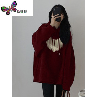 语娄美式复古oversize连帽正肩酒红色卫衣女2023新款设计感外套