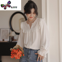 语娄设计感小众花边长袖上衣女2023年早秋季新款温柔风气质小飞袖衬衫