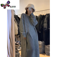 语娄慵懒风圆领套头毛衣裙子女宽松过膝中长款侧边开叉针织连衣裙
