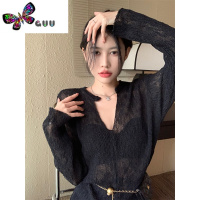 语娄慵懒风薄款V领针织衫女秋季设计感外穿宽松镂空开叉上衣