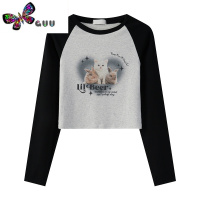 语娄圆领长袖t恤女2023秋季新款小个子可爱猫咪兔子印花修身短款上衣