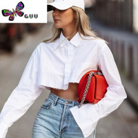 语娄 时尚街拍短款衬衣女欧美ins宽松设计感小众露脐长袖上衣