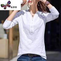 语娄长袖t恤女装宽松2023年春装新款竹节棉百搭纽扣v领上衣小衫潮