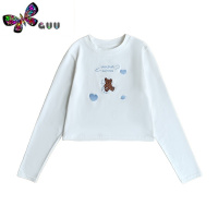 语娄浪漫满屋圆领直筒修身短款百搭长袖T恤少女初秋