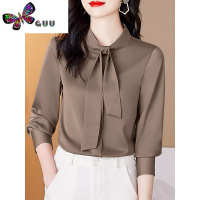 语娄长袖衬衫秋季2023新款女中年人领带女士衬衣段子面料上衣别致小衫