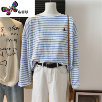 语娄刺绣星球条纹清爽宽松棉质长袖圆领休闲时尚韩国青春女式T恤衫秋