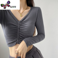 语娄欧美V领长袖T恤女打底衫短款性感辣妹舞蹈健身瑜伽练功服爵士上衣