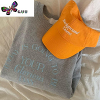 语娄韩国学院风减龄字母印花长袖卫衣女宽松休闲圆领灰色上衣潮