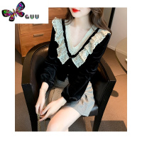 语娄金丝绒上衣女设计感蕾丝花边拼接长袖短款衬衫洋气内搭打底衫