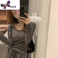 语娄竹节棉u领修身t恤女设计感小众2023年新款夏季长袖温柔上衣高级感