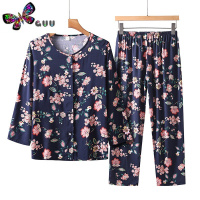 语娄中老年女衣服奶奶棉绸睡衣妈妈装套装上衣长袖两件套装家居服