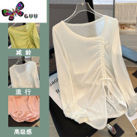 语娄询简伊人定制~设计感不规则抽绳罩衫女早秋休闲薄款针织衫T恤