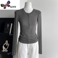 语娄林夏夏C位打底! 圆领纽扣长袖打底T恤女早秋季百搭显瘦上衣