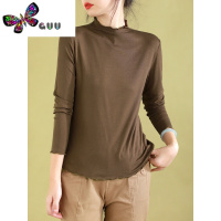 语娄原创秋季文艺再生纤维长袖T恤女半高领弹力显瘦荷叶边打底衫