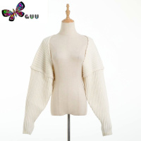 语娄肯豆卡戴珊欧美落肩长袖毛衣纯色针织短外套女士上衣披肩