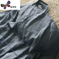 语娄夏季水洗纯亚麻宽松连衣裙睡衣睡袍衣中长腰带透气棉麻女法式