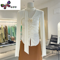 语娄广州APM秋季法式温柔风v领缩褶设计感上衣长袖洋气T恤衫女