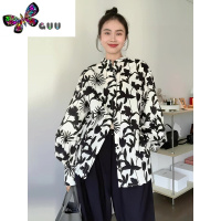 语娄早秋法式文艺气质黑白印花立领灯笼袖衬衫宽松慵懒长袖休闲衬衣女