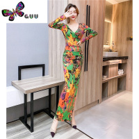 语娄时尚名媛印花包臀长裙女2023秋新款女范长袖修身性感开叉连衣裙