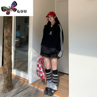 语娄3M哦哦三妹 美式复古三条杠刺绣连帽卫衣女百搭插肩袖外套