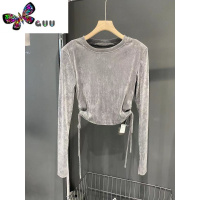 语娄dudu设计感长袖T恤女抽绳丝绒打底衫十三行女装23夏款性感薄上衣