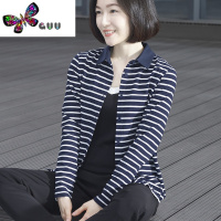 语娄翻领条纹宽松长袖T恤女装大码妈妈莫代尔棉开衫2023新款秋装上衣