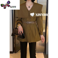 语娄韩版设计感领显瘦收腰衬衫女2023秋季宽松时尚腰带长袖衬衣潮