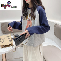 语娄卫衣2023新款女春季韩版宽松圆领套头字母卡通熊拼色长袖加厚t恤