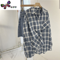语娄蓝色棉麻格子衬衫女夏季薄款设计感小众亚麻上衣长袖衬衣外套秋季