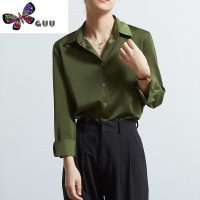 语娄 缎面衬衣女新款职业OL垂感通勤橄榄绿色衬衫女长袖