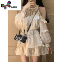 语娄法式缎面高级感露肩挂脖连衣裙2023夏季宽松仙女蓬蓬裙生日小礼裙