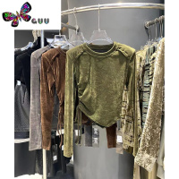 语娄dudu韩版抽绳长袖T恤女丝绒打底衫十三行女装23秋季新款微透上衣