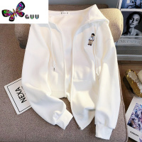 语娄白色小熊卫衣连帽拉链外套女开衫2023新款宽松学院风上衣潮