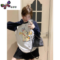 语娄时尚创意可爱兔子印花长袖T恤女高级感减龄潮牌插肩袖撞色上衣ins