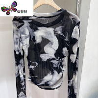 语娄Oumefan欧货扎染水墨画亮丝网纱长袖T恤女夏季冰感显瘦上衣潮