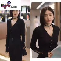 语娄闪耀的她秦岚管文同款黑色针织衫女法式气质修身V领衫上衣服