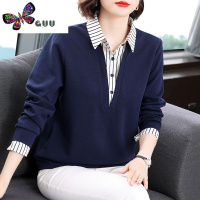 语娄妈妈装假两件长袖T恤女2023新款中年洋气宽松翻领打底衫