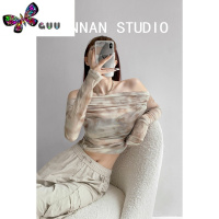 语娄香肩诱惑~水墨晕染褶皱一字领露肩网纱长袖T恤女短款修身上衣